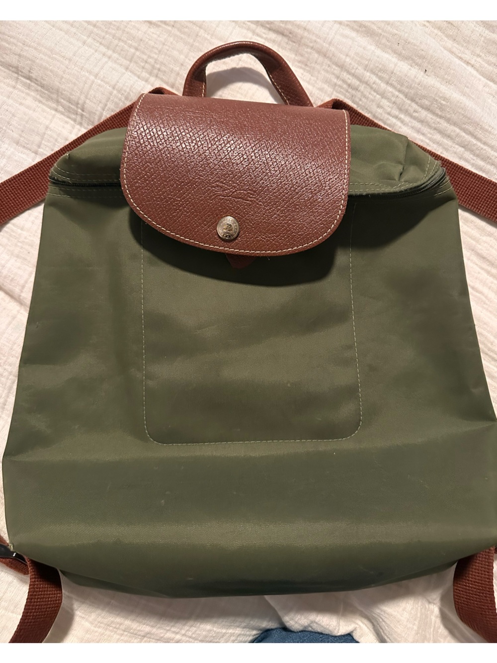Longchamp Olive Green Nylon Backpack with Brown Leather Flap - Picture 4 of 8